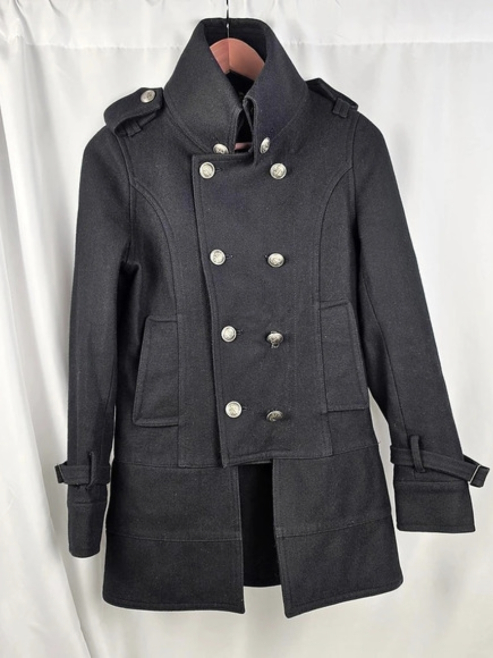 COUPS 100% Wool Military Coat M Black Double Breasted Nautical Buttons